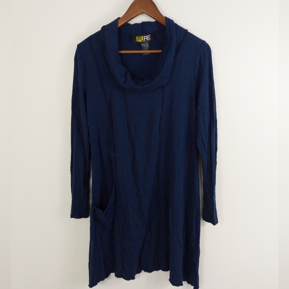 Pure Essence Bamboo Rayon Blend Cowl Neck Tunic Dress Navy Blue Small